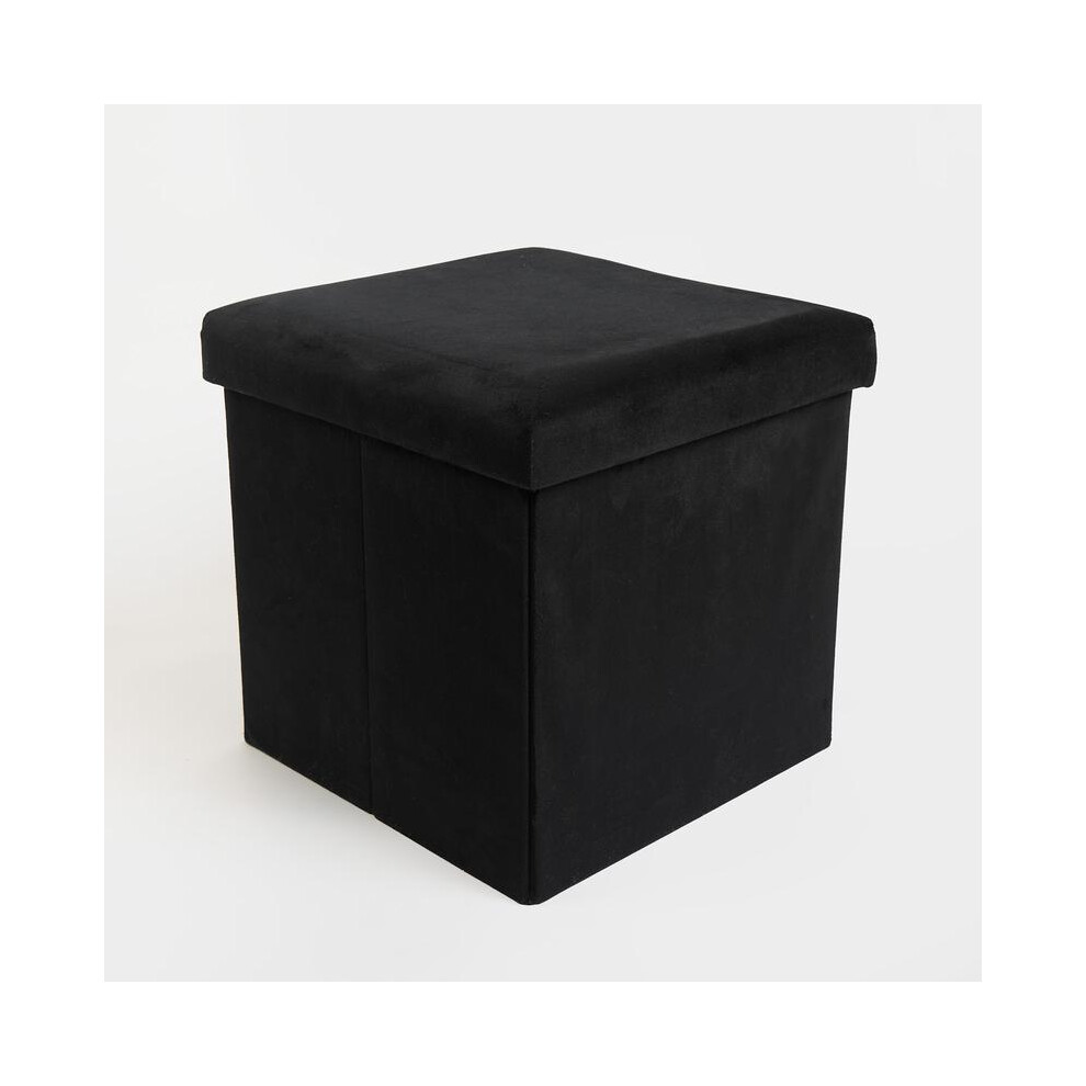 (Matte Velvet Black, Round) Ohs Folding Ottoman Storage Box Collapsible Footstool Tub Space Saving Matte Velvet Boucle Ribbed Seat 8011452202043