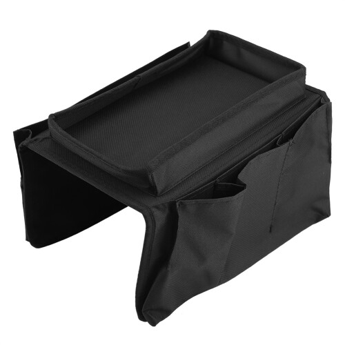 Couch Armrest Storage Pack for Remote & Drinks Black Fabric with Cup Holder 1