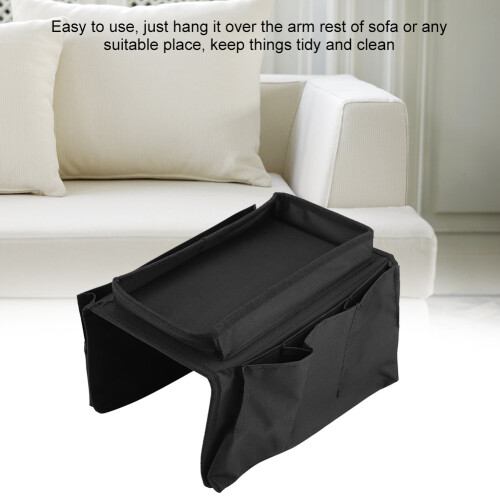 Couch Armrest Storage Pack for Remote & Drinks Black Fabric with Cup Holder 2