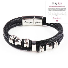 (Silver - Son 2) To My Son Love You Forever Leather Braided Bracelet Wristband + Gift Card NEW