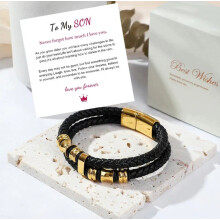 (Gold - Son) To My Son Love You Forever Leather Braided Bracelet Wristband + Gift Card NEW