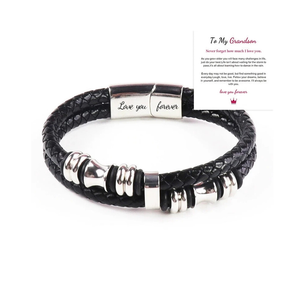 ( - Grandson) To My Son Love You Forever Leather Braided Bracelet Wristband + Gift Card New Silver