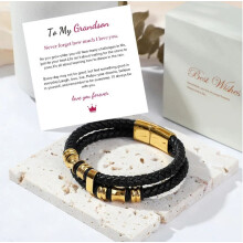 (Gold - Grandson) HOT To My Son Love You Forever Leather Braided Bracelet Wristband + Gift Card