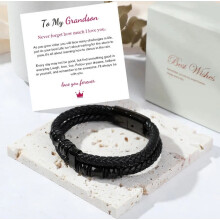(Black - Grandson) NEW To My Son Love You Forever Leather Braided Bracelet Wristband + Gift Card HOT