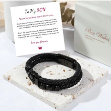 (Black - Son) NEW To My Son Love You Forever Leather Braided Bracelet Wristband + Gift Card HOT