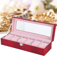 Weinrot 6-Fach-Uhrenorganizer-Box aus PU-Leder, rechteckiges Uhrenaufbewahrungs-Case