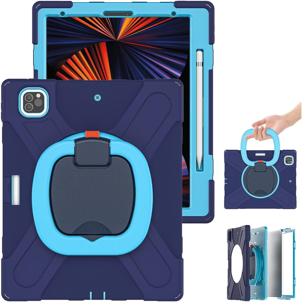 Heavy Duty Ipad Pro 12.9 Case - Shockproof Cover With 360 Rotating Kickstand & Hand Strap For 2022-2018 Models, Navy Blue 5906792643669