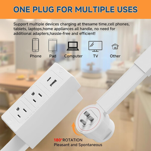Extensor de enchufes eléctricos - Extensor de enchufes, toma de corriente extensible para lugares de difícil acceso, con USB-A, USB-C, 2 tom 1