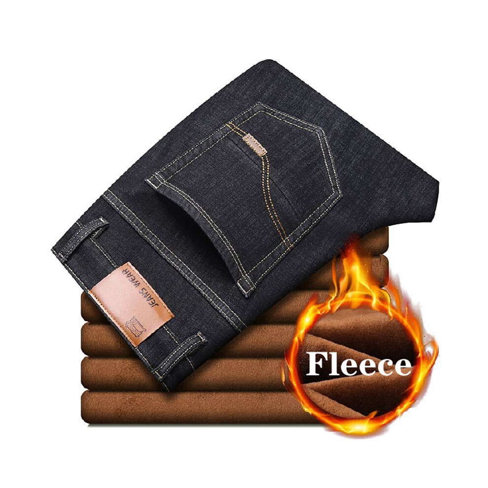 (C021-JR-black, 28) Men's Clothing  Brand Autumn Winter Warm Flocking Denim Soft Man Activities Fleece Line Men Jeans Black Blue Grey Colors-image-OPC-PMTQ7G9-NEW