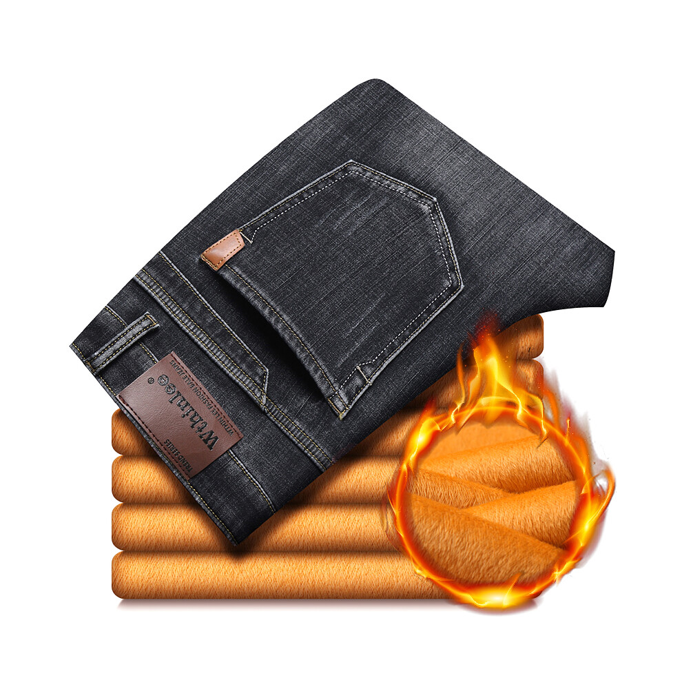 (BlackGray, 28) Men's Clothing  Winter Classic Fleece Thick Warm Men's Jeans Stretch Straight Casual Trousers Denim Plush Pants Male Brand Clothing-image-OPC-PMTQ7KZ-NEW