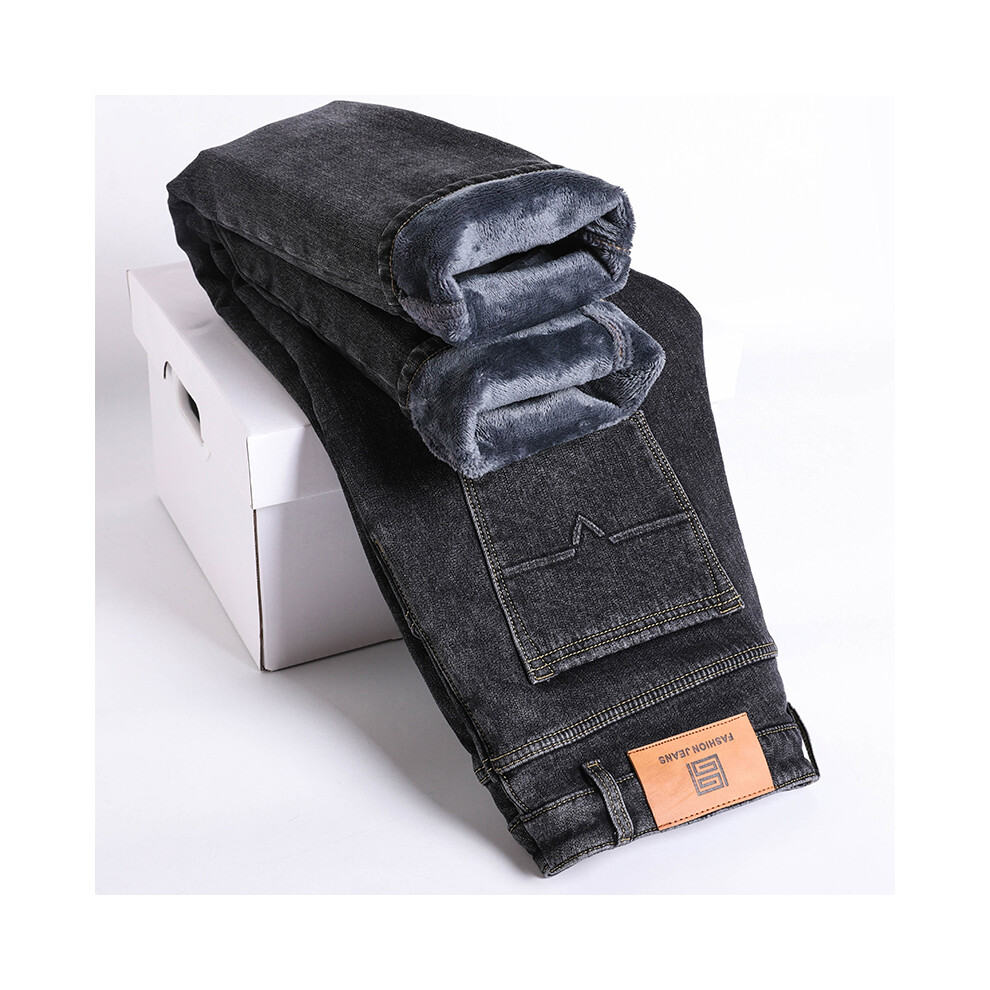 (Smoke gray, 32) Men's Clothing  Brand men's velvet jeans warm and comfortable stretch fit straight pants winter fleece wool casual jeans smoke gray-image-OPC-PMTQ8WD-NEW