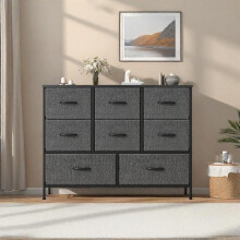 (Dark Grey) Chest of Drawers, Large Dressers with Metal Frame and MDF Wooden Top Board, Adjustable Feet, Anti-Tip Safety, Storage Unit with 8 Drawers