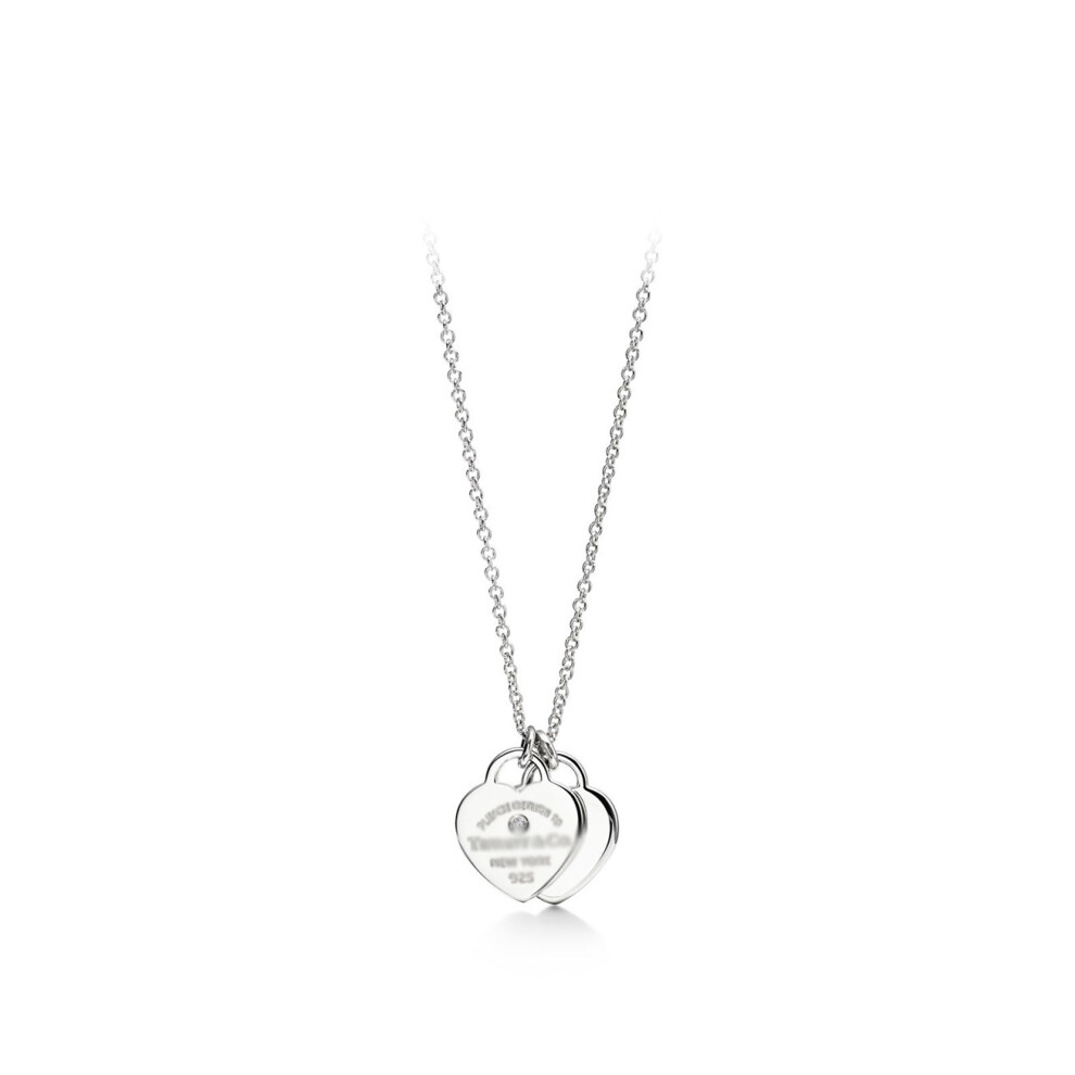 (Silver diamond-encrusted double heart necklace) Mini Double Heart Tag Pendant Necklace