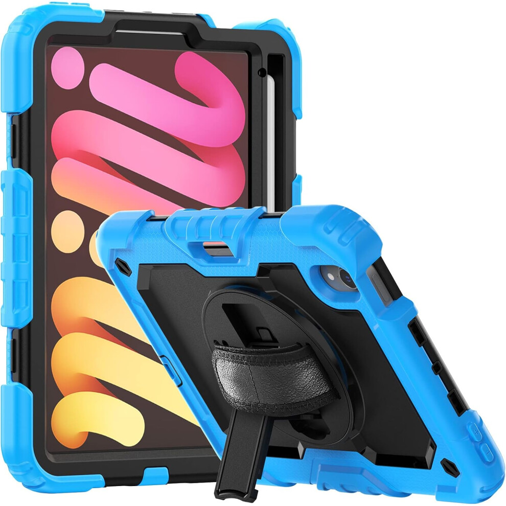 Rugged Case For Ipad Mini 6 - Shockproof Cover With 360 Kickstand, Hand Strap, Pencil Holder & Shoulder Strap Blue 5906792656980