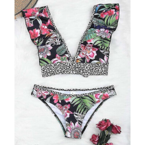 (L, Red) Floral Printed Deep V-neck  Hipster Bikini