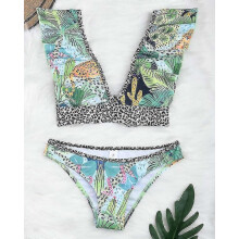 (L, Green) Floral Printed Deep V-neck Hipster Bikini