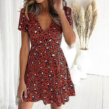 (S, White) Fashion Women Ladies V Neck Summer Short Sleeve Leopard Dress Elegant Party Club Beach Sundress High Waist Tunic Streetwear