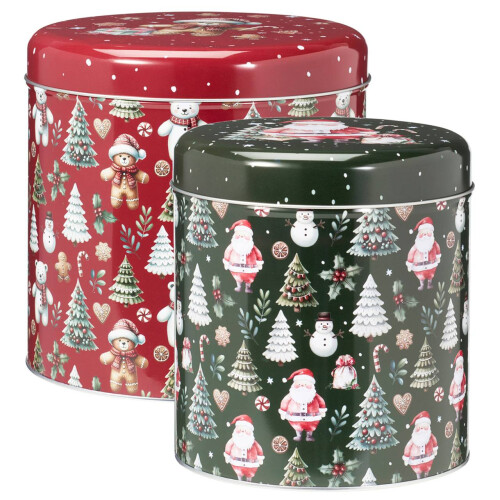 2 Round Christmas Nesting Storage Tins Festive Santa Stackable Cookie Biscuit Boxes