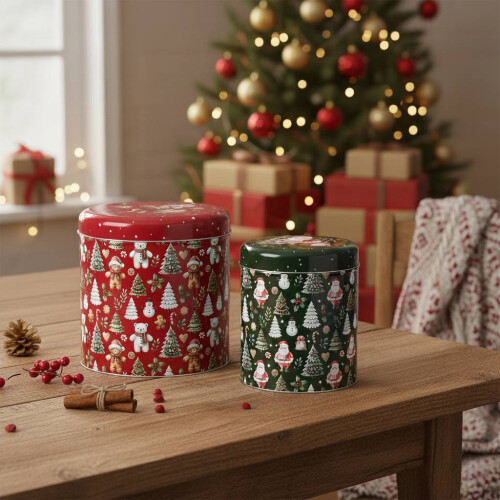 2 Round Christmas Nesting Storage Tins Festive Santa Stackable Cookie Biscuit Boxes 1