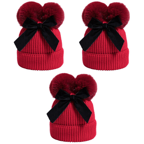 3Stk Kinderstrickmütze Mit Bommel Schleife 2