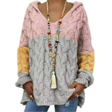 (S, Hot Pink) Women Sweater Hooded Long Sleeve Twist Texture Oversized Sweater Solid Color Loose Fit Ribbed Cuffs