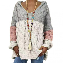 (S, Pink) Women Sweater Hooded Long Sleeve Twist Texture Oversized Sweater Solid Color Loose Fit Ribbed Cuffs