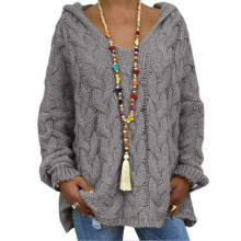 (M, Dark Gray) Women Sweater Hooded Long Sleeve Twist Texture Oversized Sweater Solid Color Loose Fit Ribbed Cuffs