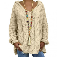 (L, Apricot) Women Sweater Hooded Long Sleeve Twist Texture Oversized Sweater Solid Color Loose Fit Ribbed Cuffs