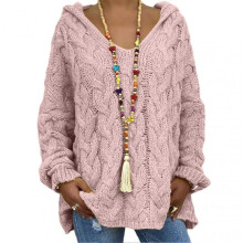(XXXL, Light Pink) Women Sweater Hooded Long Sleeve Twist Texture Oversized Sweater Solid Color Loose Fit Ribbed Cuffs