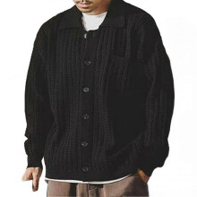 (XL, Black) Fall Winter Men Sweater Turn-down Collar Single-breasted Thick Knitwear with Breast Pocket Long