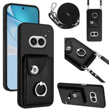 (For Nothing Phone 2a, Black) Organ Card Bag Ring Holder Phone Case with Long Lanyard