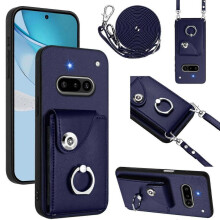(For Nothing Phone 3a, Blue) Organ Card Bag Ring Holder Phone Case with Long Lanyard