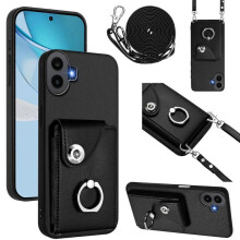 (For Nothing CMF Phone 1, Black) Organ Card Bag Ring Holder Phone Case with Long Lanyard