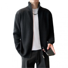(XL, Black) Men Sweater Coat Zipper Closure Knit Elastic Long Sleeves Stand Collar Outerwear Pure Color Casual