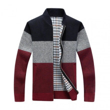 (M, Red) Men Sweater Coat Thick Plush Colorblock Zipper Closure Stand Collar Knitted Loose Keep Warm Jacket