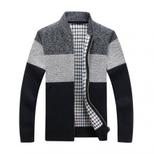 (2XL, Dark Gray) Men Sweater Coat Thick Plush Colorblock Zipper Closure Stand Collar Knitted Loose Keep Warm Jacket