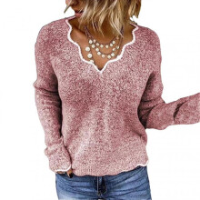 (S, Pink) Women's Long Sleeve Sweater Loose Fit V-Neck Knitted Sweater Lady Casual Jumper Pullover Top for