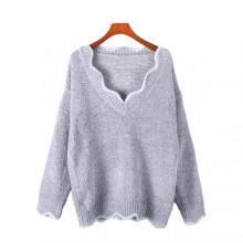 (XXL, Grey) Women's Long Sleeve Sweater Loose Fit V-Neck Knitted Sweater Lady Casual Jumper Pullover Top for