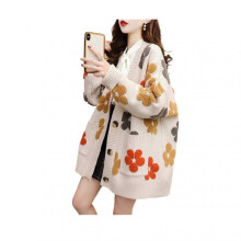 (One Size, Beige) Women Sweater Coat V-Neck Long Sleeve Flower Pattern Knitted Cardigan with Pockets Loose Fit Autumn