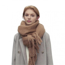 (Camel) Women Scarf Solid Color Thickened Knitting Scarf with Tassel Decoration Versatile Design Warm Winter Scarf