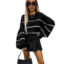 (S, Black) Women Pullover Sweater Striped Print Loose Fit Knit Jumper Tops Round Neck Long Sleeve Fall Winter