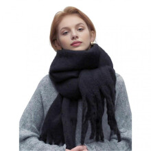 (Black) Women Scarf Solid Color Thickened Knitting Scarf with Tassel Decoration Versatile Design Warm Winter Scarf