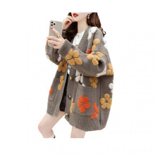 (One Size, Coffee) Women Sweater Coat V-Neck Long Sleeve Flower Pattern Knitted Cardigan with Pockets Loose Fit Autumn