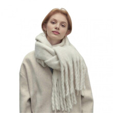 (Beige) Women Scarf Solid Color Thickened Knitting Scarf with Tassel Decoration Versatile Design Warm Winter Scarf