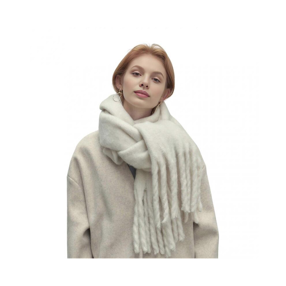 (Beige) Women Scarf Solid Color Thickened Knitting Scarf With Tassel Decoration Versatile Design Warm Winter Scarf-image