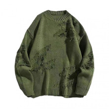 (L, Green) Men Winter Sweater Irregular Ripped Design Round Neck Knitted Loose Long Sleeves Thick Sport Daily