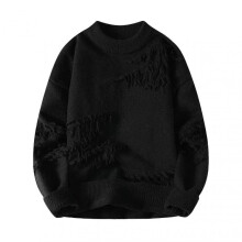 (L, Black) Men Winter Sweater Irregular Ripped Design Round Neck Knitted Loose Long Sleeves Thick Sport Daily