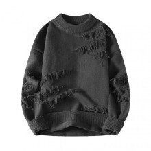(L, Dark Gray) Men Winter Sweater Irregular Ripped Design Round Neck Knitted Loose Long Sleeves Thick Sport Daily