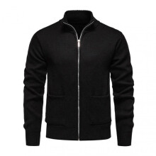 (L, Black) Men Knitted Jacket Stand Collar Long Sleeve Zipper Closure Sweater Coat with Pockets Thickened Plush