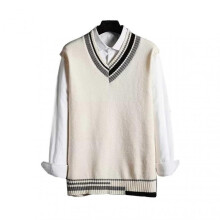 (L, White) Men Vest Sweater V Neck Sleeveless Loose Colorblock Knitted Pullover Mid Length Thickened Preppy And